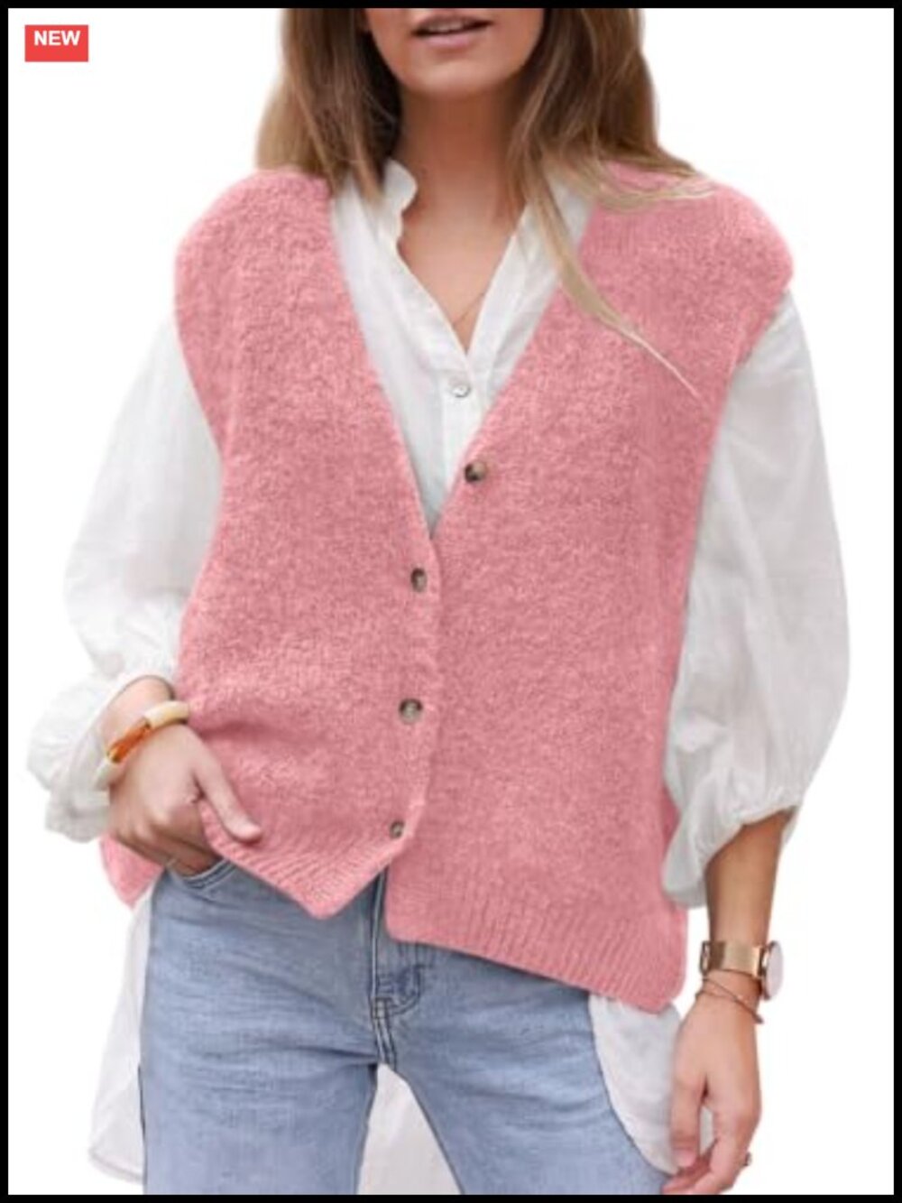 Sleeveless Button Down Sweater Vest Acrylic Knit V-Neck Work Layering